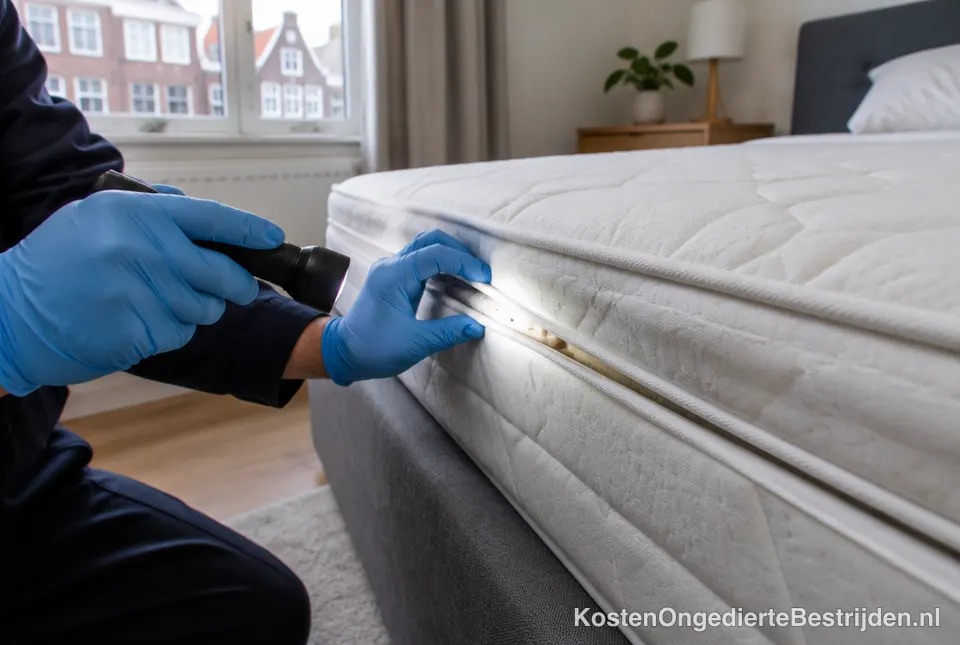 Specialist controleert met een zaklamp de naad van een matras op bedwantsen