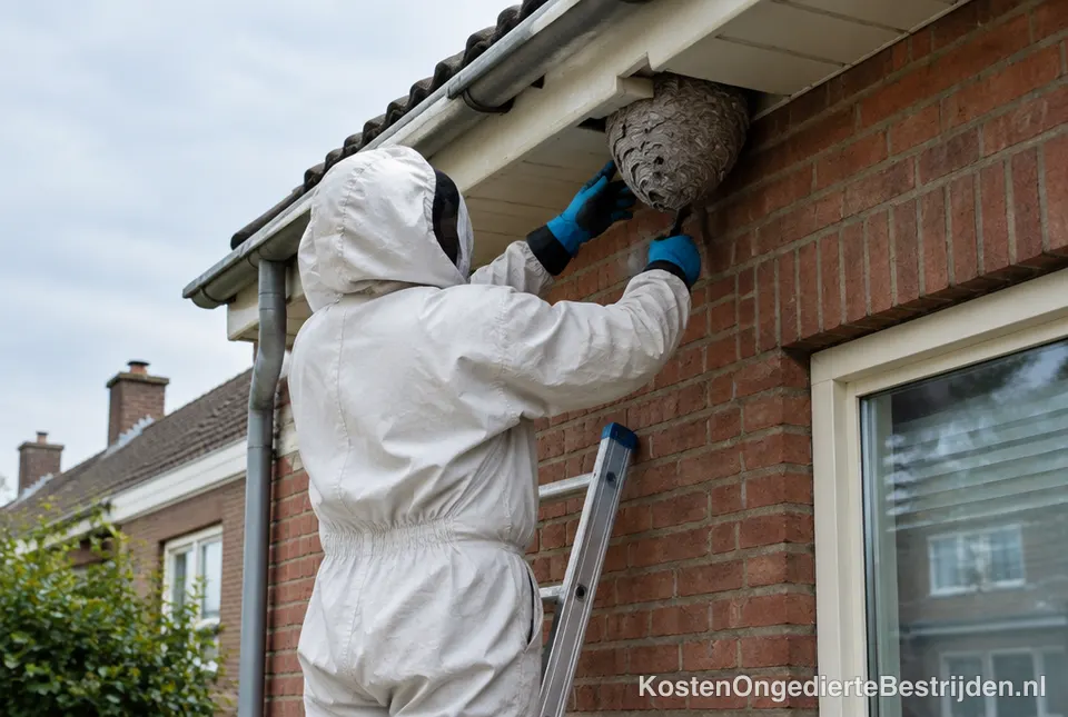 Ongediertebestrijder in beschermend pak verwijdert een wespennest onder de dakgoot